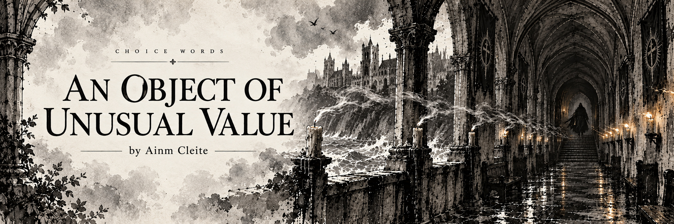 An Object of Unusual Value by Ainm Cleite. A candlelit cloister above a rough sea.